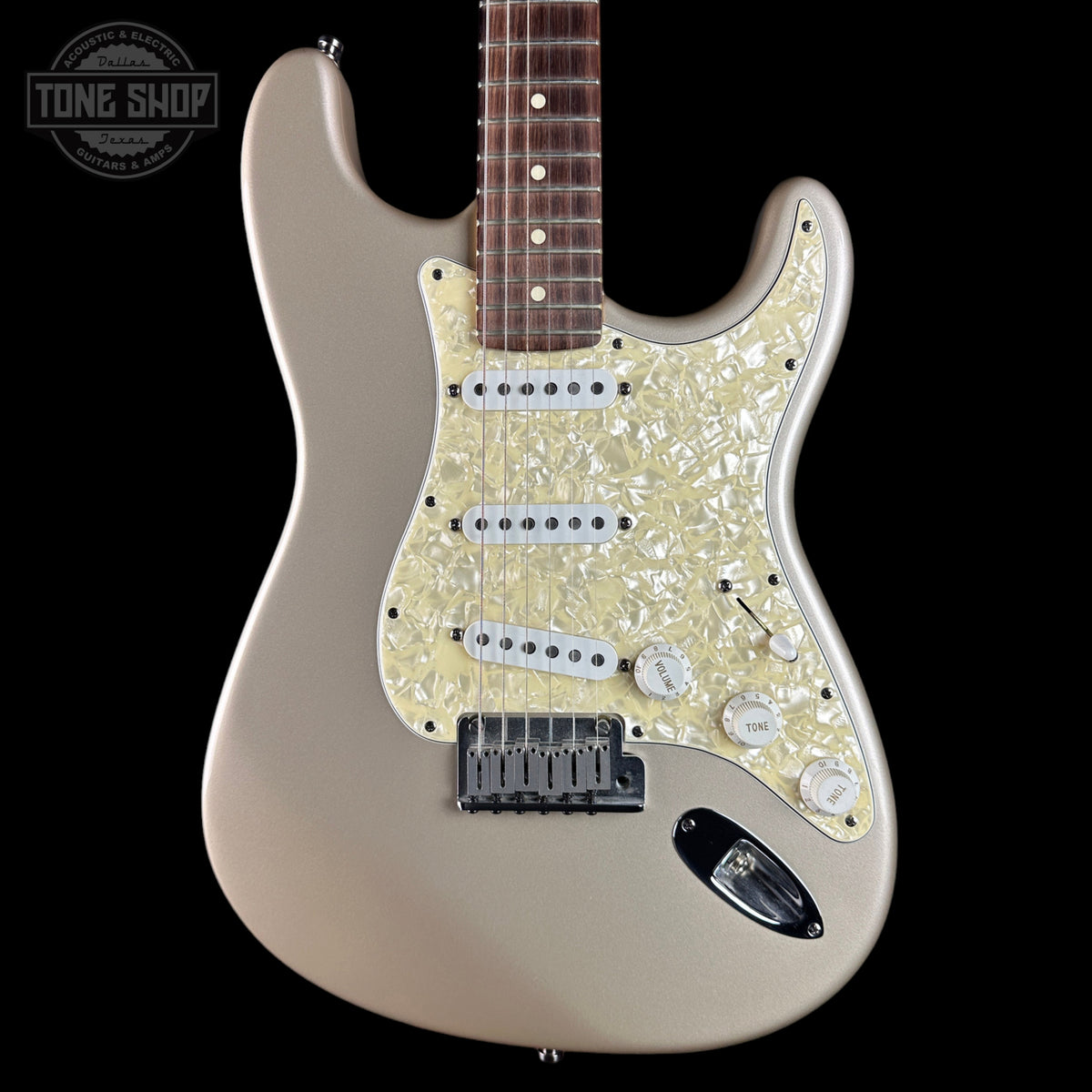 Front of Used 1997 Fender US Roadhouse Stratocaster Shoreline Gold.