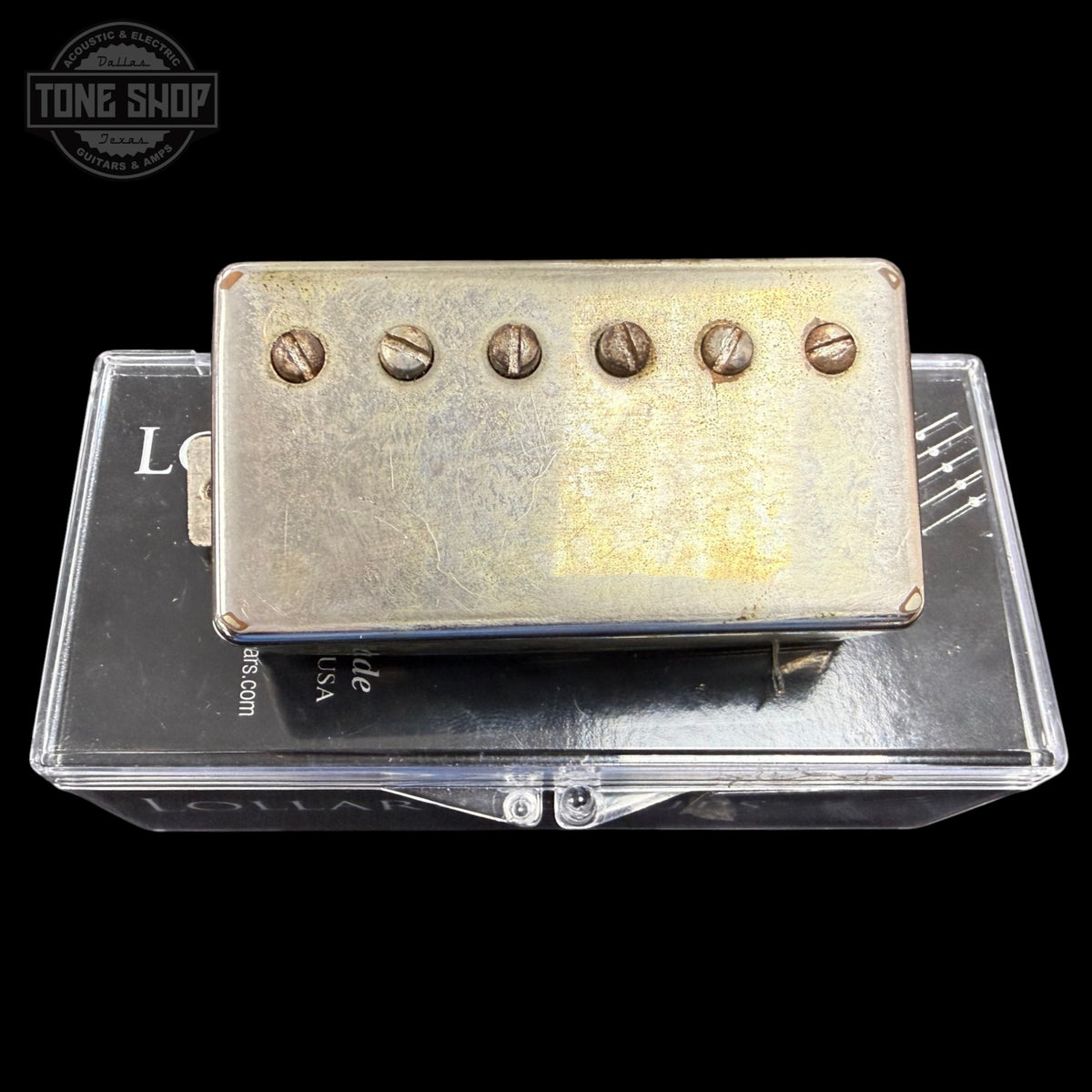 Top of Used Lollar F Spaced Hand Wound Imperial Bridge Pickup TFW2397 on box.