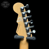 Back of headstock of Used Reverend Descent W Baritone Transparent White.