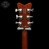 Back of headstock of Used 2024 Gretsch G6134TFM-NH Nigel "Droff" Hendroff Signature Penguin Amber Flame.