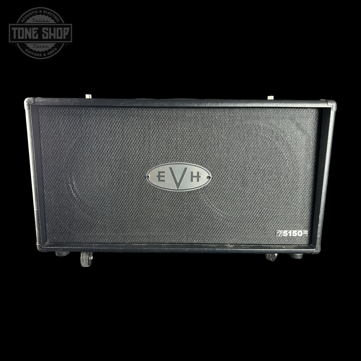 An EVH 5150S guitar amplifier cabinet shown from the front against a solid black background. The cabinet features a black textured grille with a silver oval EVH logo in the center and a silver 5150S model stamp in the lower right corner.