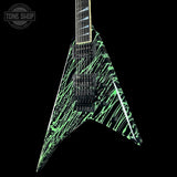 Fancy electric guitar with green and black design on a black background, featuring 'Tone Shop' branding.