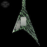 Electric guitar with green and black abstract design on a black background, featuring 'Tone Shop' logo.