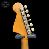Back of headstock of Used 1965 Fender Mustang Dakota Red w/Refret.