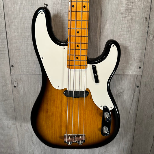 Front of Used 2023 Fender American Vintage II 1954 Precision Bass Sunburst w/case TSS3942