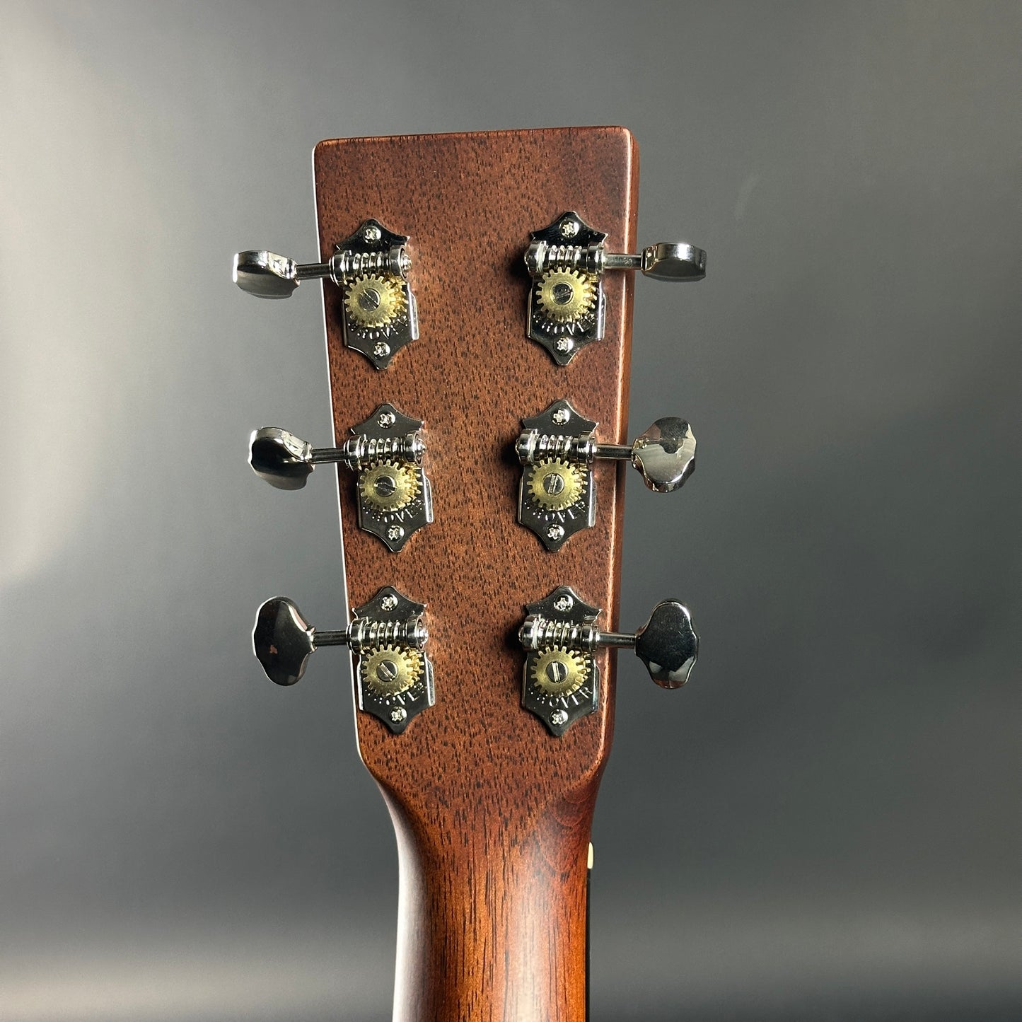 Close-up of a guitar headstock with tuning pegs on a gray background