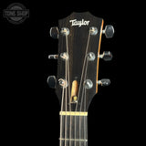 Close-up of the headstock of a Taylor acoustic guitar against a black background, showing six tuning pegs, strings, and the Taylor logo.