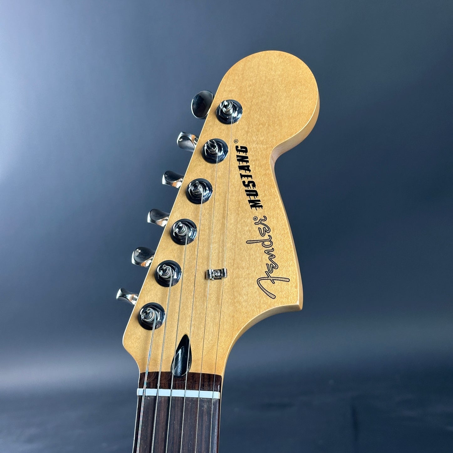 Guitar headstock with Fender logo on a dark blue background