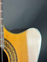 Close-up of an acoustic guitar's soundhole and bridge