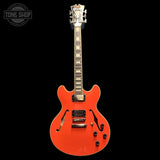 Full frontal of Used 2018 D'Angelico Premier DC Fiesta Red w/case w/ Seymour Duncan JB bridge humbucker TFW4016.