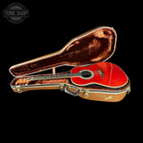 Red acoustic guitar in an open case on a black background with 'Tone Shop' logo.