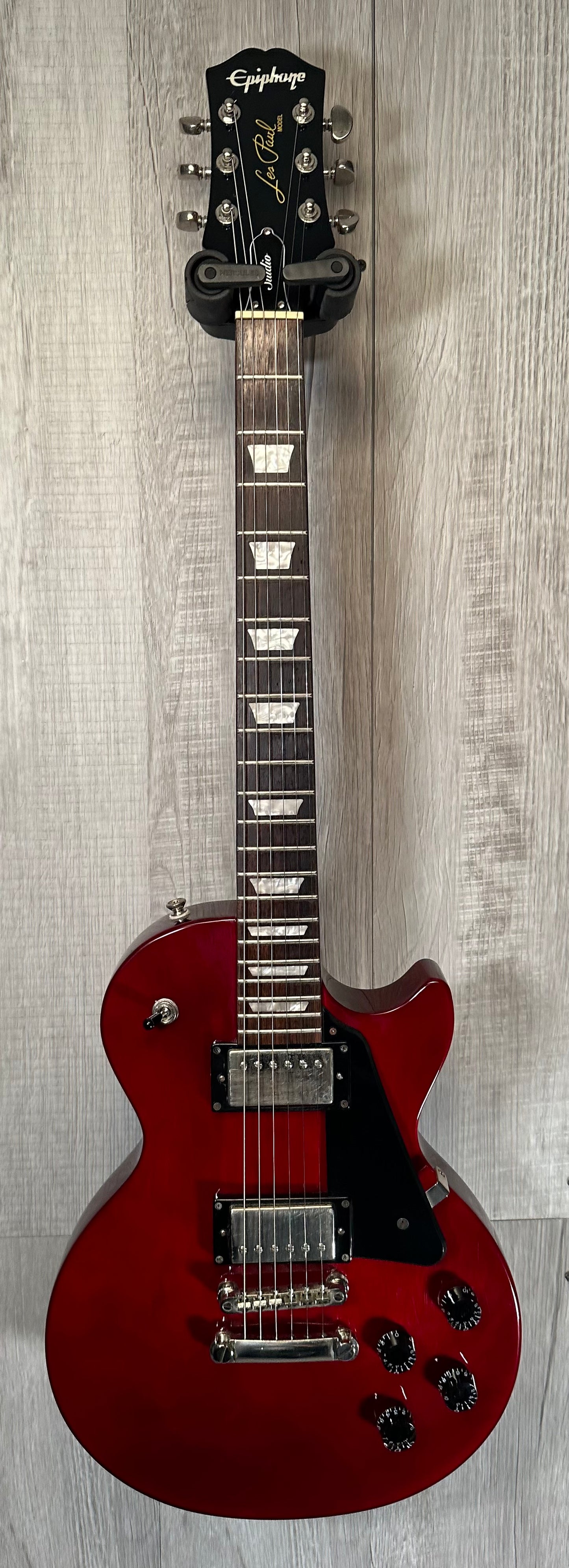 Full front of Used 2020 Epiphone Les Paul Studio Wine Red TSS3977