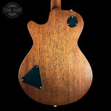 The back of an electric guitar with a rich brown wood grain finish, featuring black pickguard and circular control knobs, shown against a solid black background.