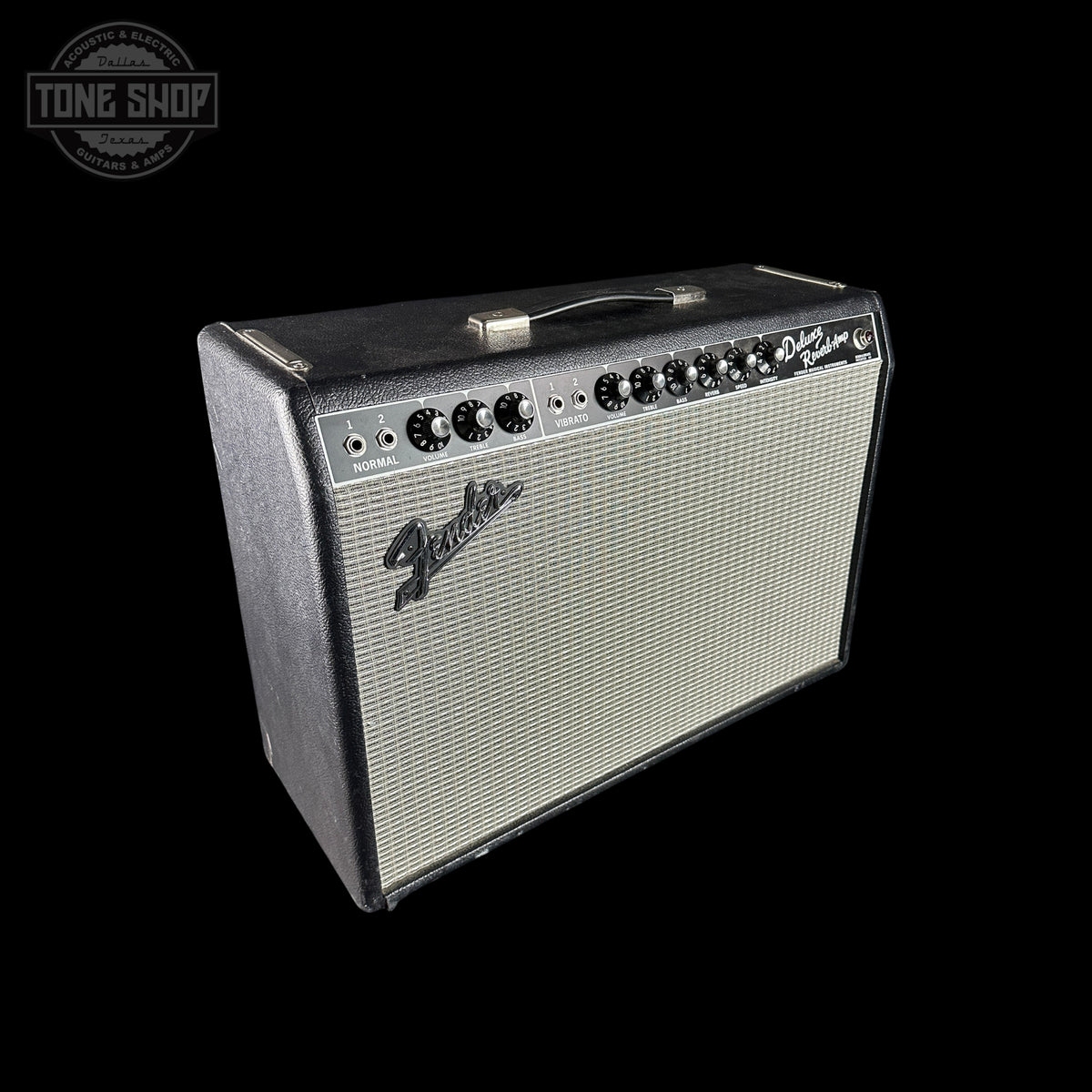 Fender guitar amplifier on a black background with 'Tone Shop' logo.