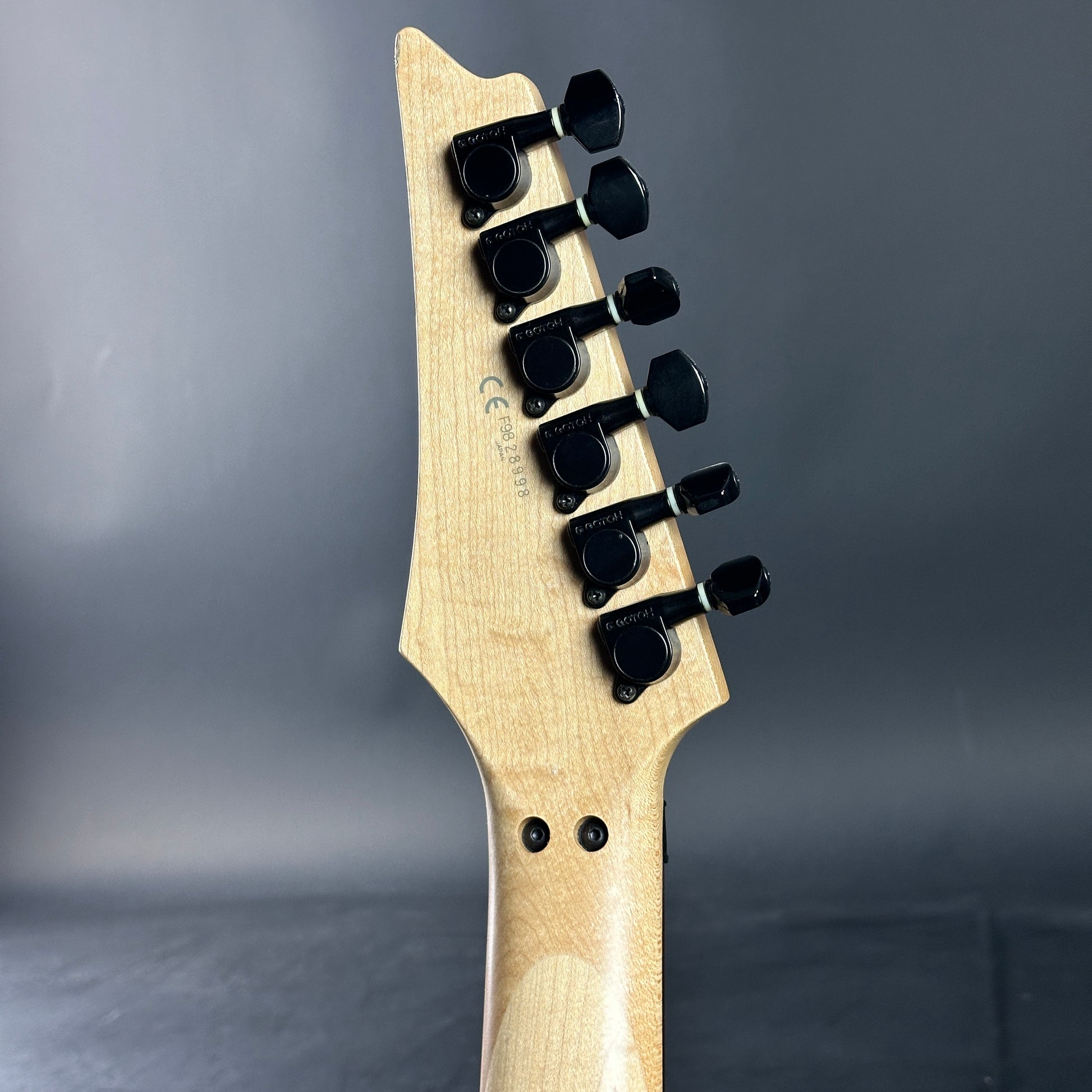 Back of headstock of Used Ibanez RG470 MIJ Black.