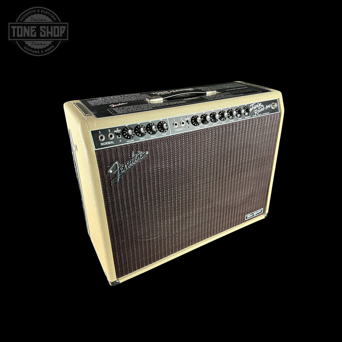 Fender guitar amplifier on a black background with 'Tone Shop' logo.
