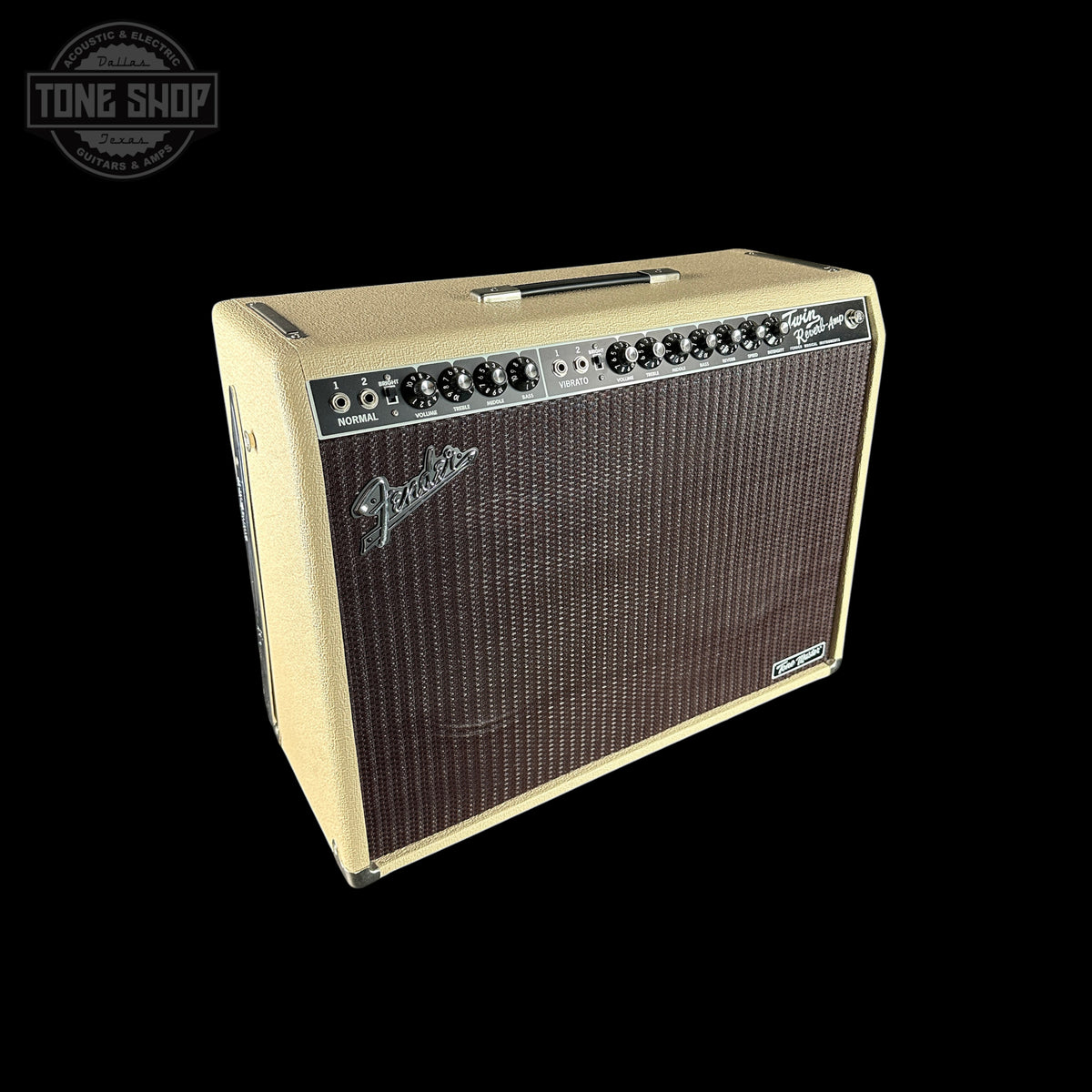 Fender guitar amplifier on a black background with 'Tone Shop' logo.
