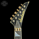 Headstock of Jackson Custom Shop USA Special Edition Rhoads Snow White/Black Pins.