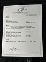 Technical specifications sheet for a guitar on a black background