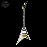 Full front of Jackson Custom Shop USA Special Edition Rhoads Snow White/Black Pins.