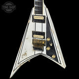 Front angle of Jackson Custom Shop USA Special Edition Rhoads Snow White/Black Pins.