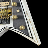 Front detail of Jackson Custom Shop USA Special Edition Rhoads Snow White/Black Pins.
