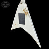 Back angle of Jackson Custom Shop USA Special Edition Rhoads Snow White/Black Pins.