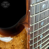 Close-up of a guitar's neck and headstock with 'Tone Shop' branding.