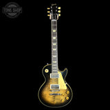 Full front of Gibson Custom Dealer Select 1959 Les Paul Standard Chambered Cobra Burst AAA Top VOS.