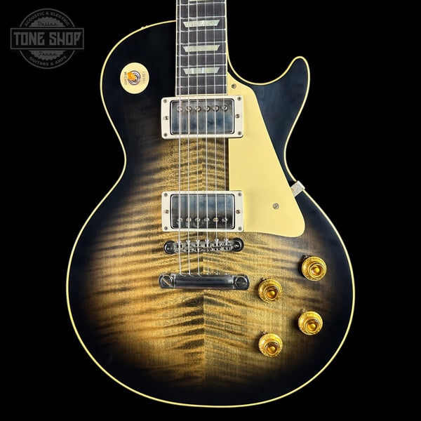 Front of Gibson Custom Dealer Select 1959 Les Paul Standard Chambered Cobra Burst AAA Top VOS.