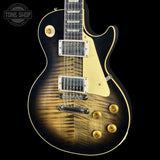 Front angle of Gibson Custom Dealer Select 1959 Les Paul Standard Chambered Cobra Burst AAA Top VOS.