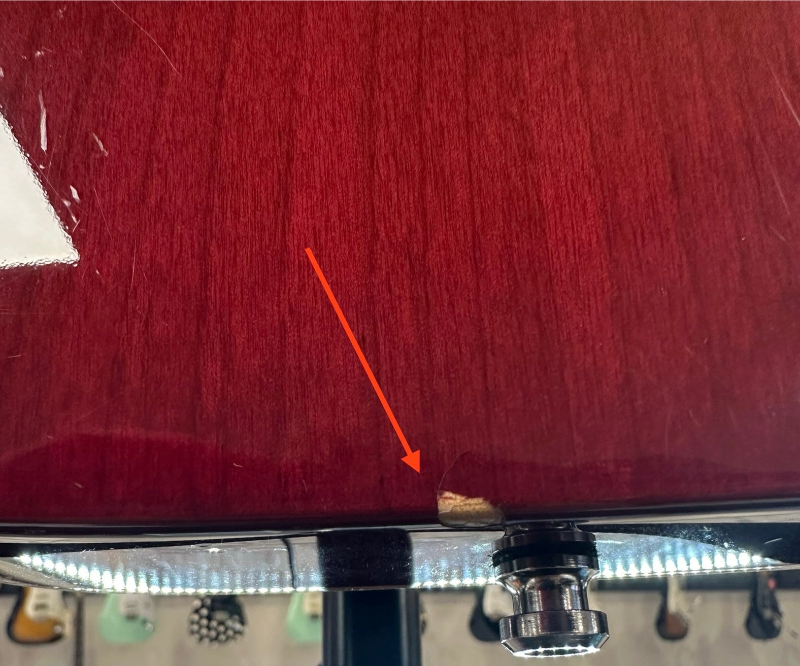 Chip at bottom of Used 2001 Fender Custom Shop Showmaster FMT Set Neck Bing Cherry Transparent w/case TSS3345
