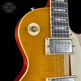 Front detail of Gibson Custom 1959 Les Paul Standard Reissue Light Aged Dirty Lemon.