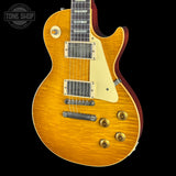 Front angle of Gibson Custom 1959 Les Paul Standard Reissue Light Aged Dirty Lemon.