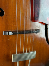 Close-up of a stringed instrument with metal tuning pegs and wooden body.