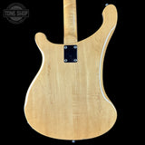 Back view of a guitar with a visible brand logo in the corner.