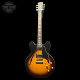 Full frontal of Used Epiphone Inspired By Gibson Custom 1962 ES-335 Reissue Vintage Burst.