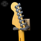Back of headstock of Used 1984 Squier MIJ Stratocaster White.