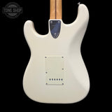 Back of body of Used 1984 Squier MIJ Stratocaster White.