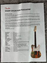 A printed Fender Stamp Collection Telecaster guitar spec sheet and card on a dark textured surface. The sheet includes a Fender logo, a short paragraph of text, a detailed specification table, and a small printed illustration of a gold and black Telecaster guitar headstock.
