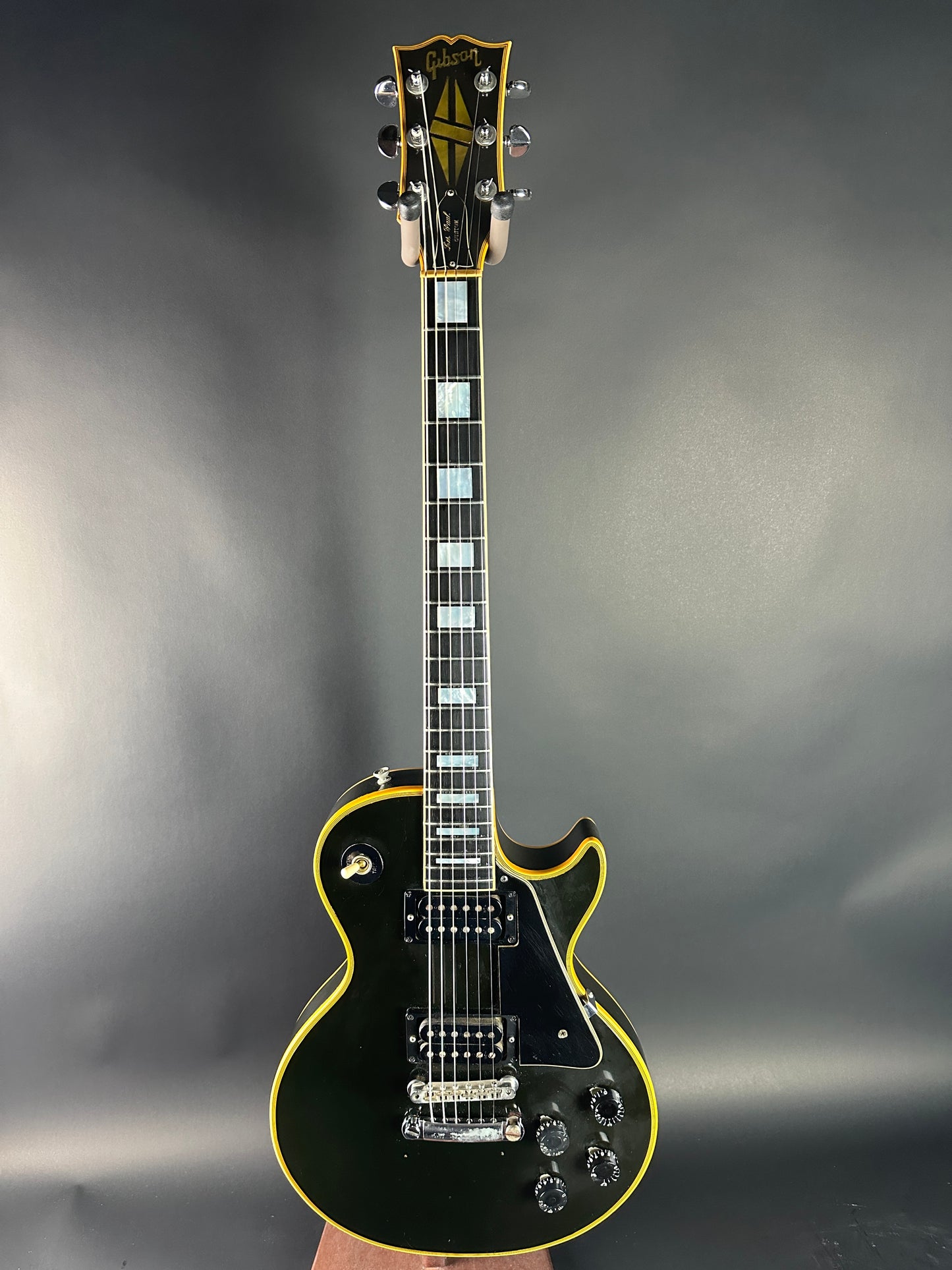 Full front of Vintage 1973 Gibson Les Paul Custom Ebony.