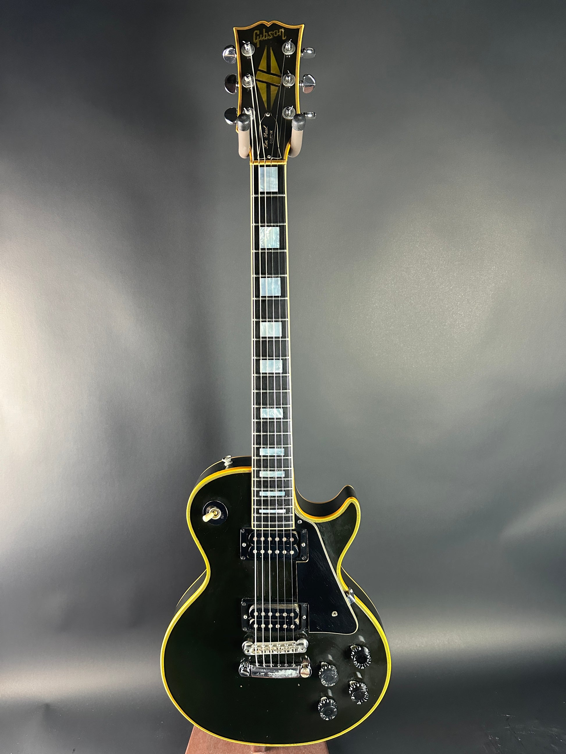 Full front of Vintage 1973 Gibson Les Paul Custom Ebony.