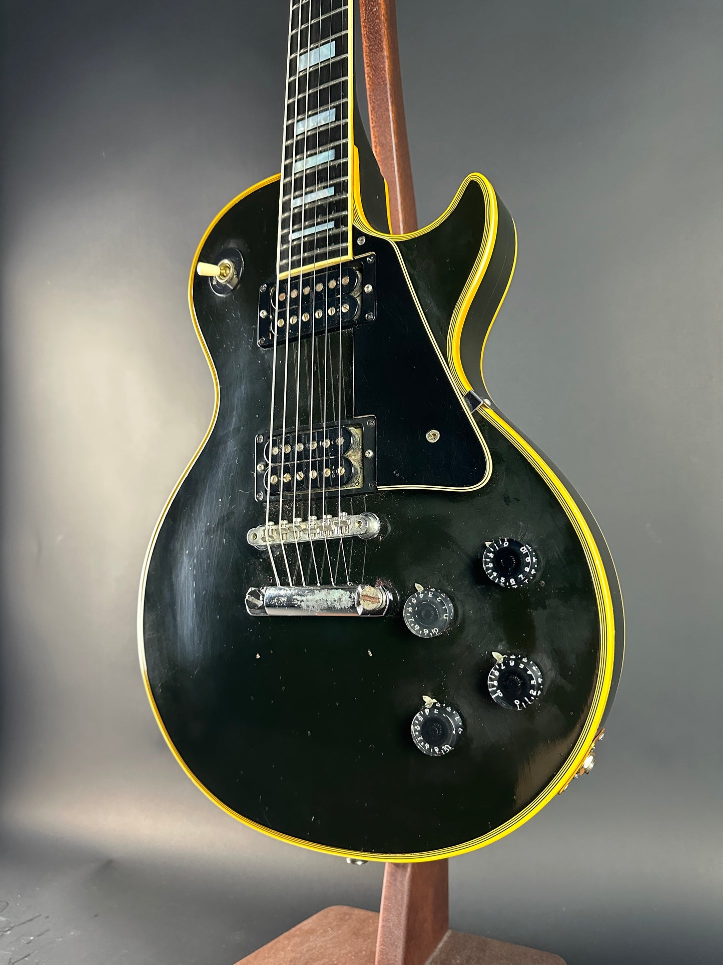 Front angle of Vintage 1973 Gibson Les Paul Custom Ebony.