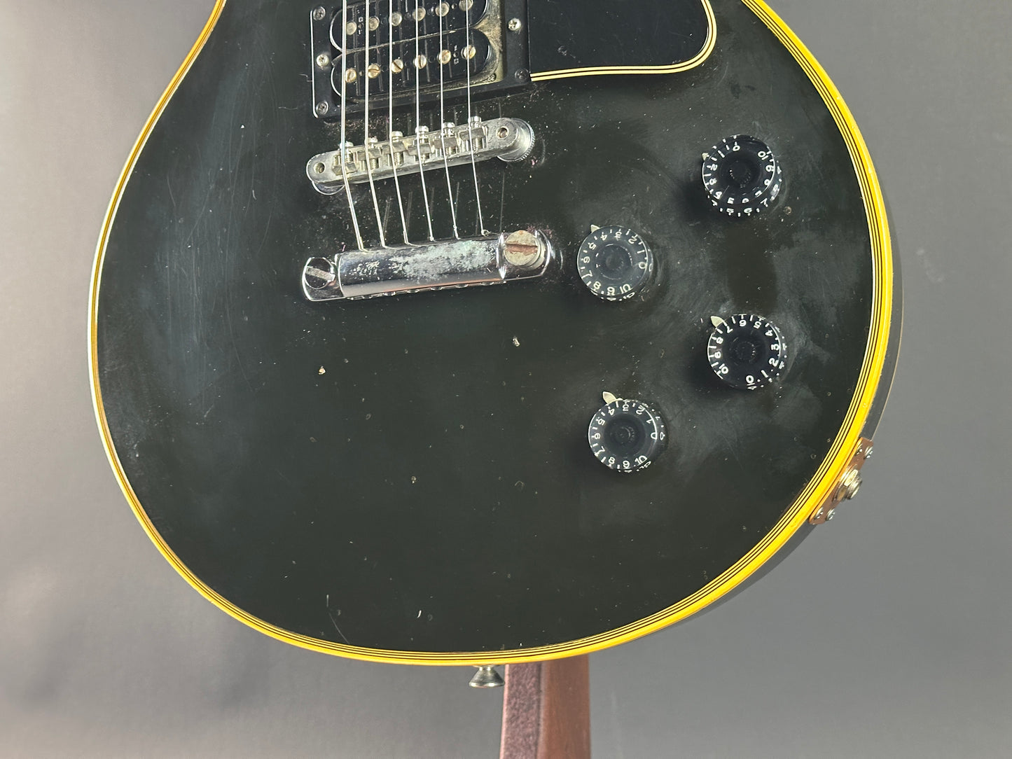 Front angle of Vintage 1973 Gibson Les Paul Custom Ebony.