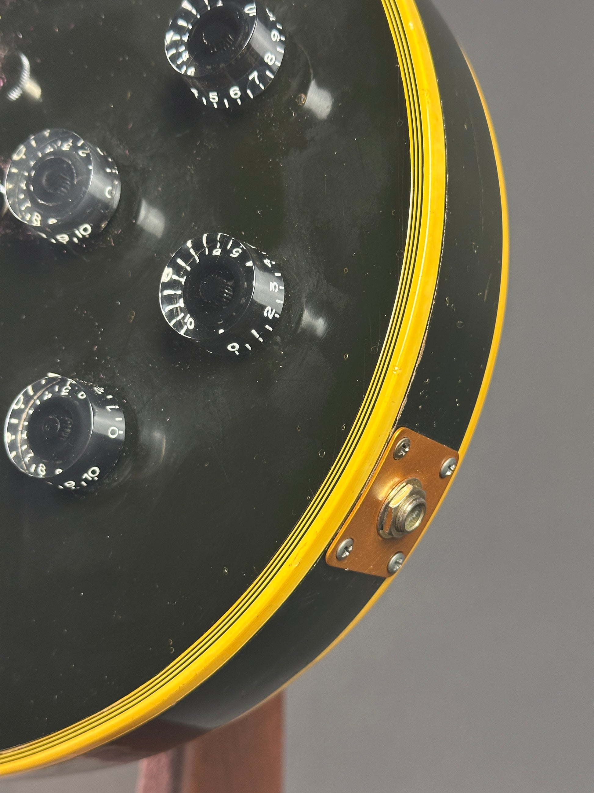 Front angle of Vintage 1973 Gibson Les Paul Custom Ebony.