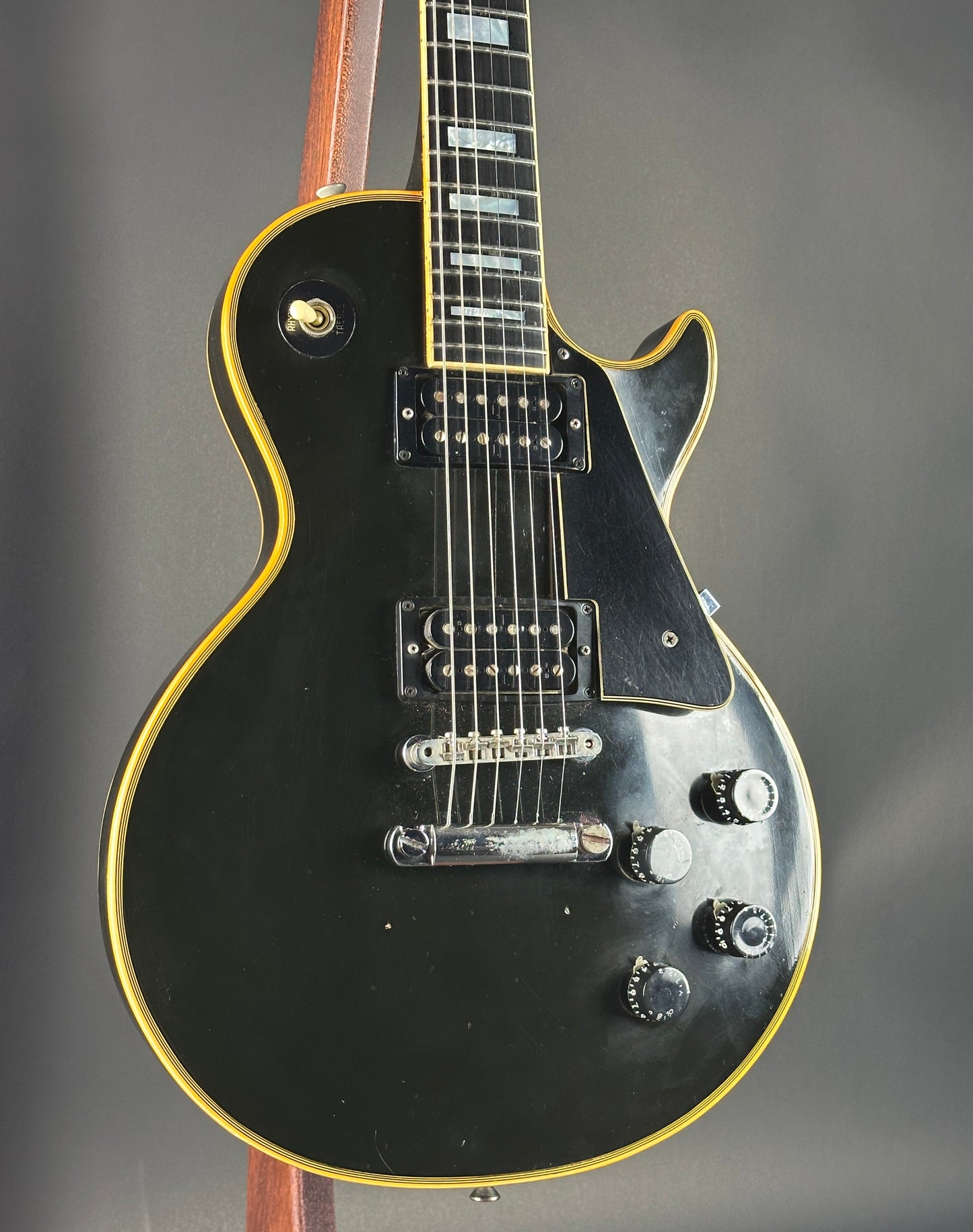 front angle of Vintage 1973 Gibson Les Paul Custom Ebony.