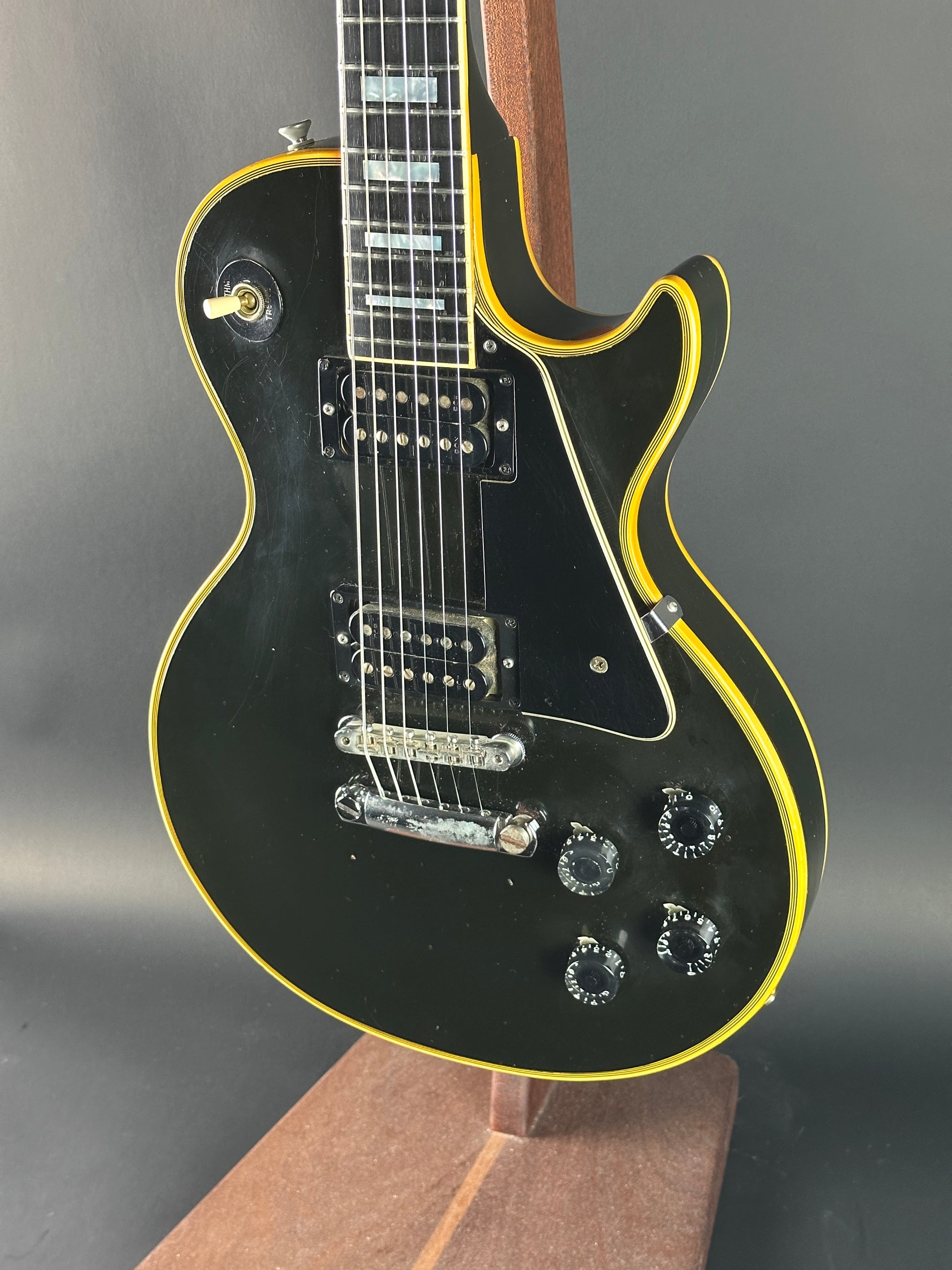 Front angle of Vintage 1973 Gibson Les Paul Custom Ebony.