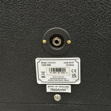 Back panel of a black speaker with model information and certification labels.