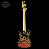 A Fender Telecaster electric guitar shown from the back, featuring a glossy black body with a red and gold flame graphic, a natural wood neck, and a white headstock, set against a solid black background.