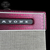 Front detail of Magnatone Baby M-80 12w 1x10 Tube Combo Amp Billy Gibbons Chrome Grape.